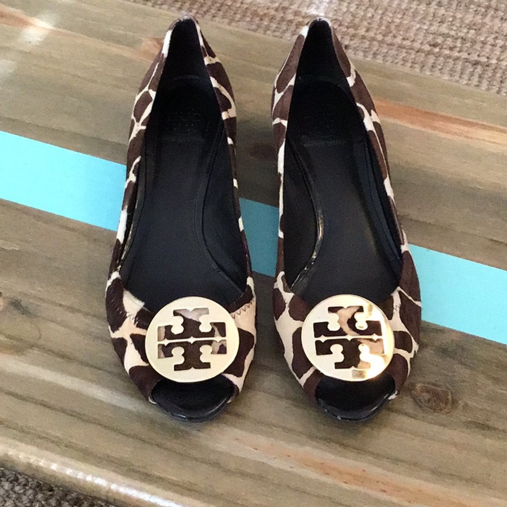 Tory Burch Giraffe print peep toe wedge